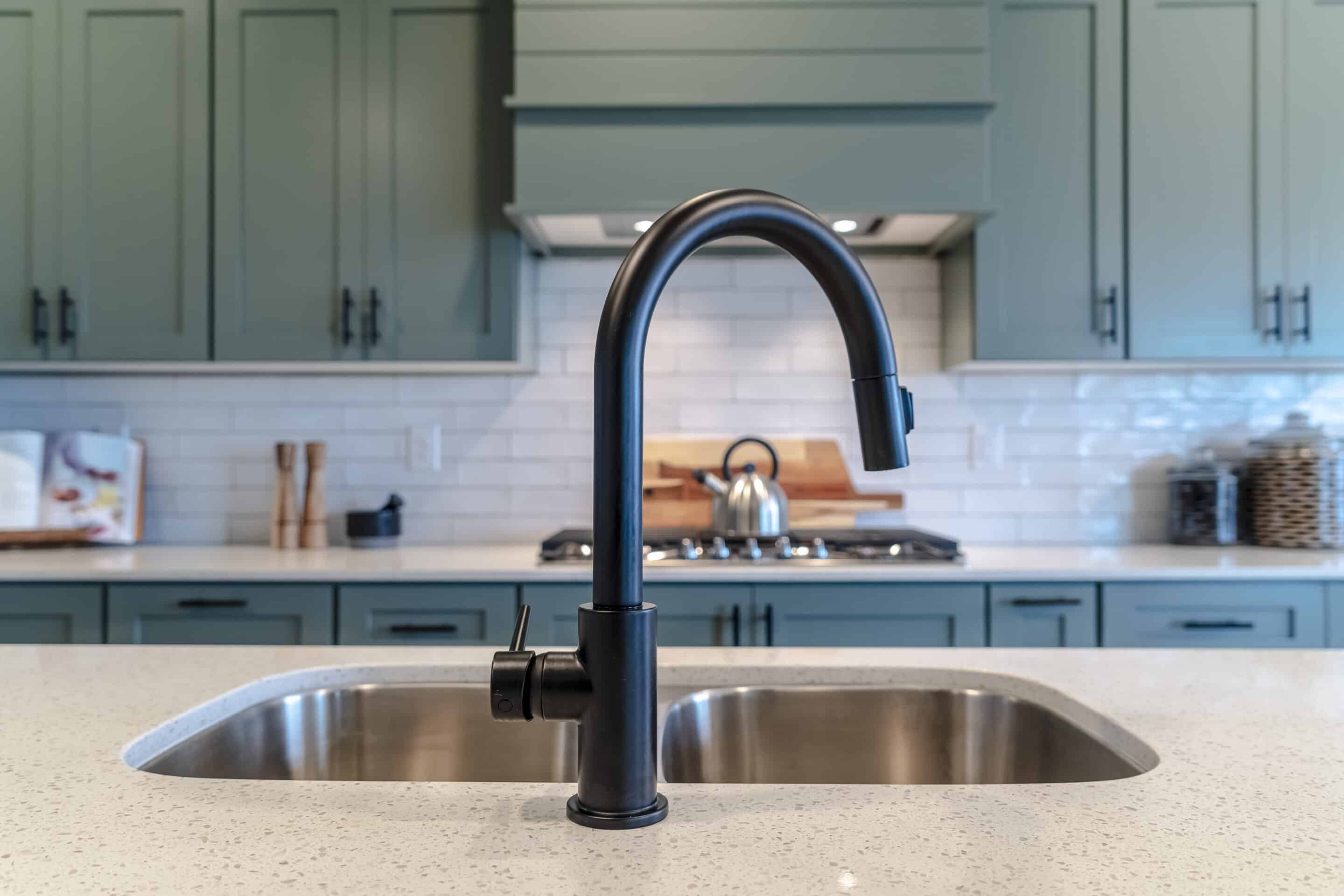Double bowl kitchen island sink with matte-black faucet