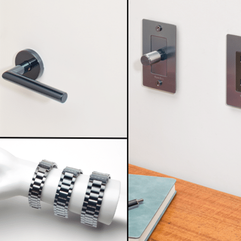image of metal doorknob, watches, and light fixture for antimicrobial banner